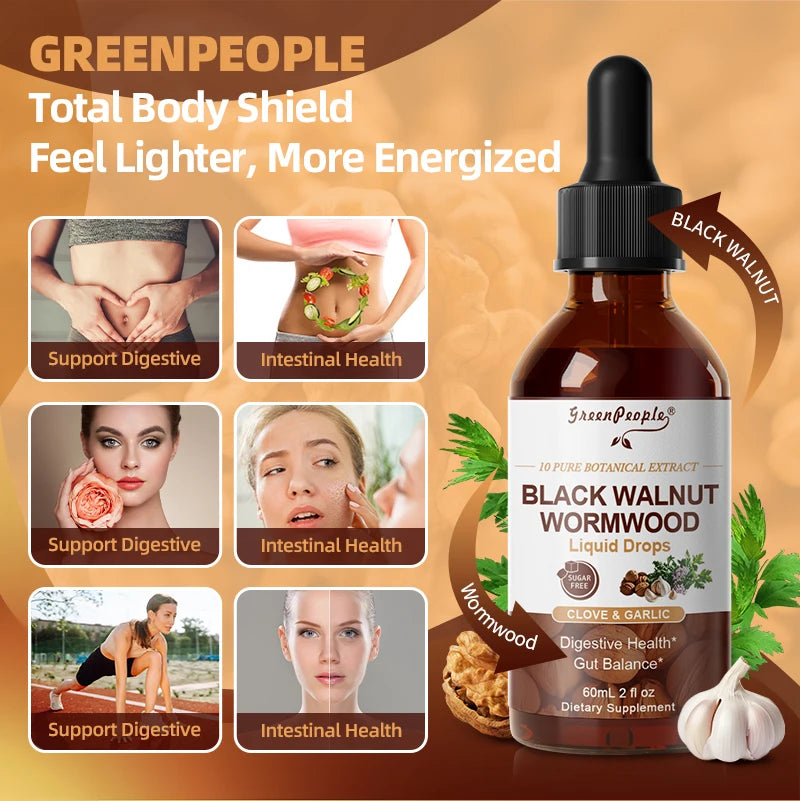 GreenPeople 10-in-1 Black Walnut Wormwood Liquid Drops, Rapid Gut Cleanse & Digestive Health with Clove Garlic Vegan Gluten-Free