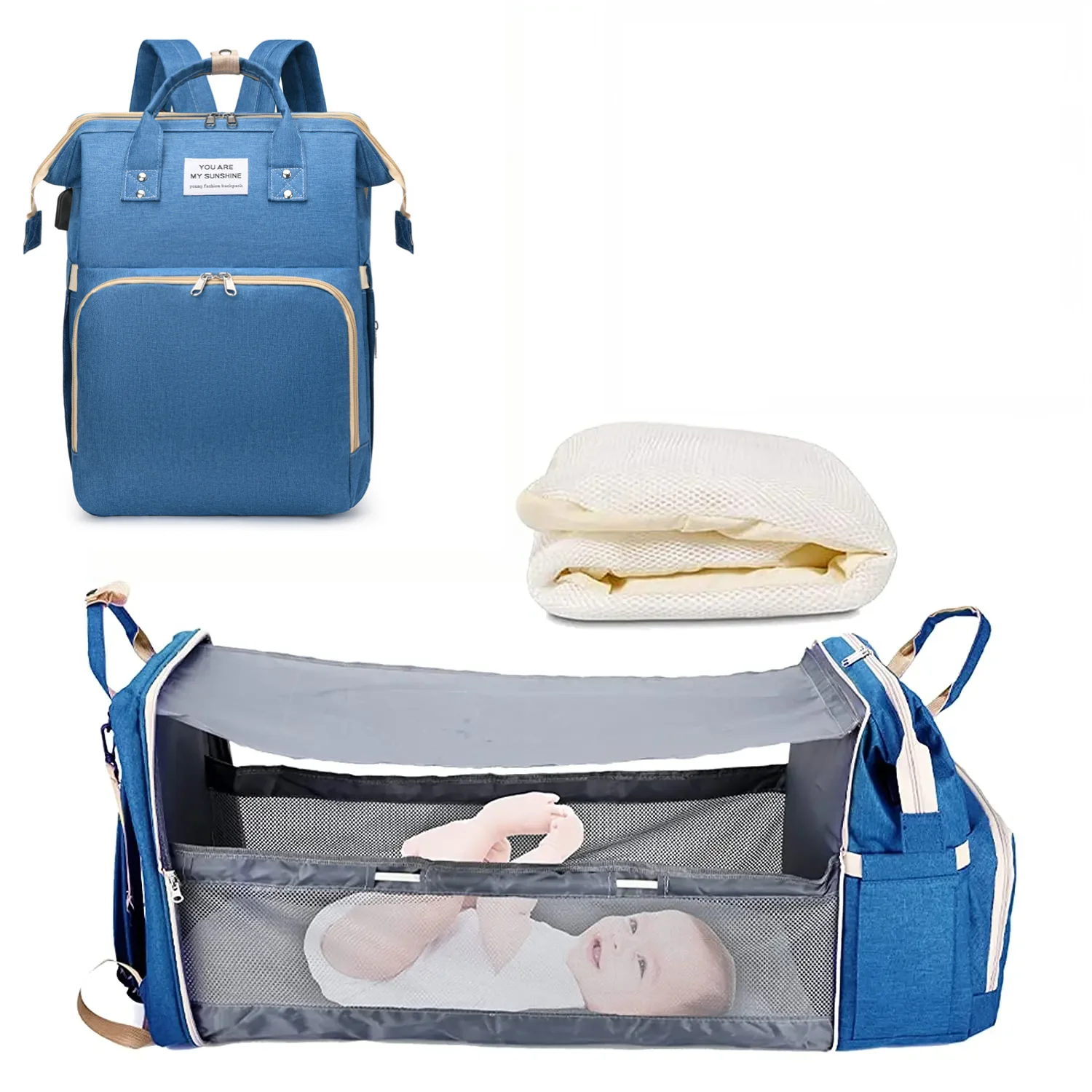 3-in-1 Diaper Bag Backpack – Foldable Baby Bed with USB Charging Port