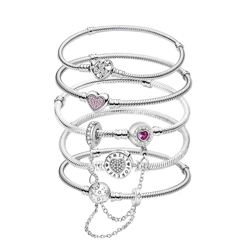 925 Sterling Silver Heart Charm Bracelet with Zircon Stones