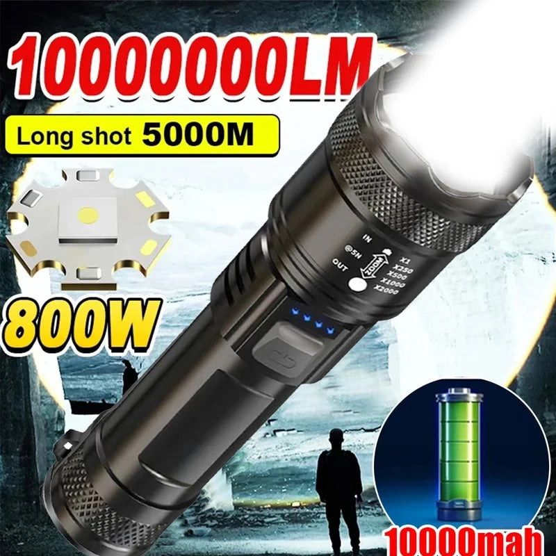 2000 Lumen LED Flashlight with Power Display - USB Rechargeable Tactical Torch with Zoom