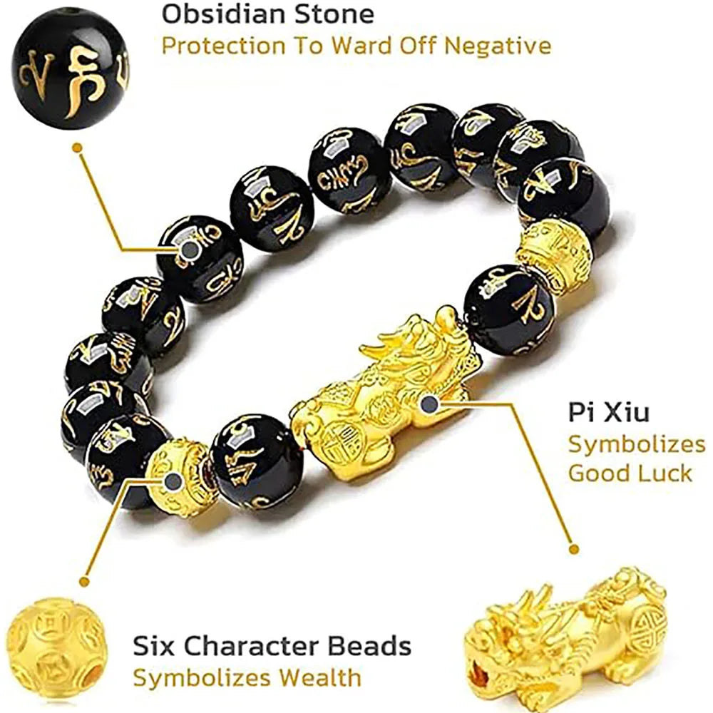 Feng Shui Black Obsidian Pixiu Wealth Bracelet - Prosperity Buddha Beads Elastic Bracelet
