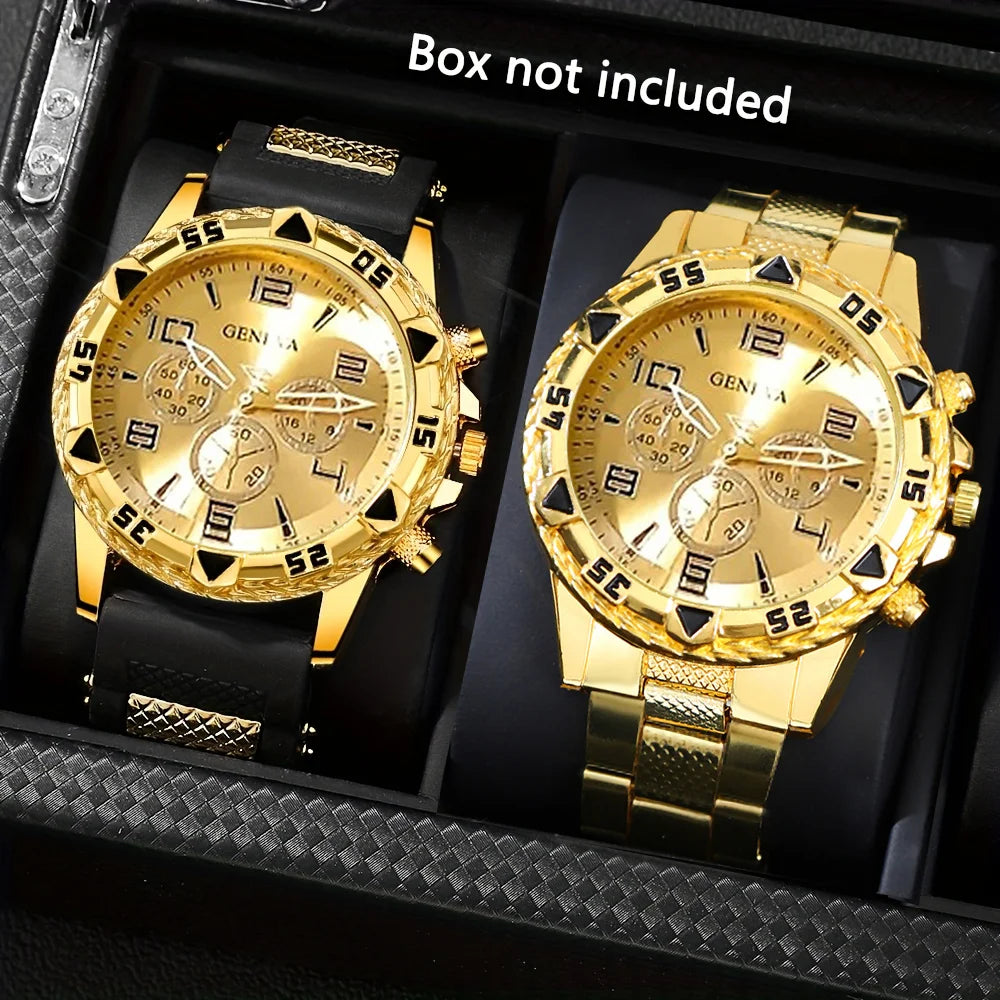 Men's Vintage Watch Set - 2-Piece Quartz Watch Collection with Stainless Steel & Silicone Bands