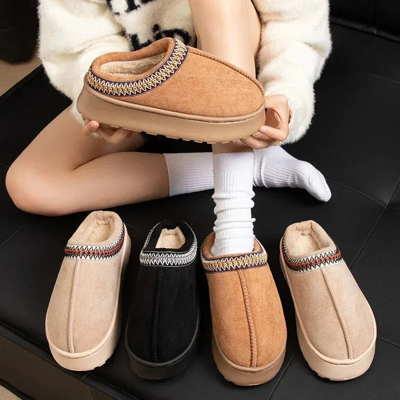 Women's Winter Slippers - Embroidered Plush Anti-Slip Indoor House Shoes with Thick Sole