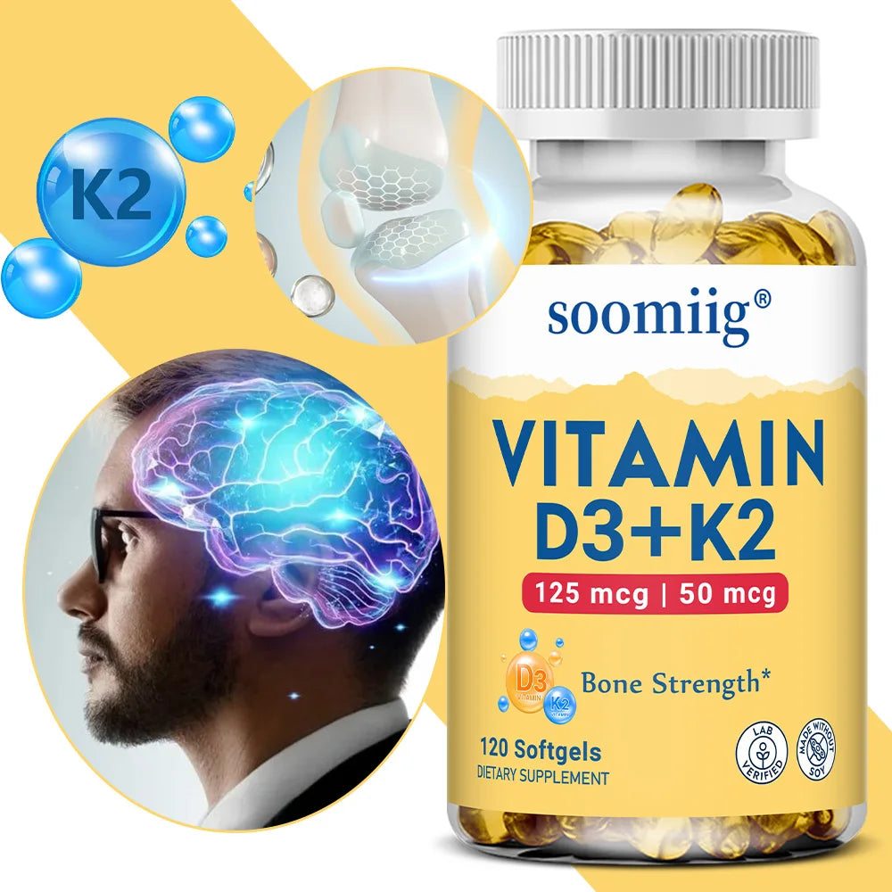 Vitamin D3 K2 Supplement - 5000 IU D3 + 50mcg K2 for Bone Health & Immune Support (120 Capsules)