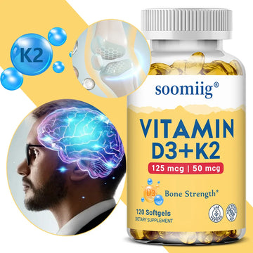 Vitamin D3 K2 Supplement - 5000 IU D3 + 50mcg K2 for Bone Health & Immune Support (120 Capsules)