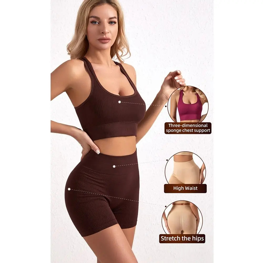 2 Pieces Seamless Workout Outfits High Waist Short Sport Bra Crop Matching Active Set Sleeveless Round Neck Tracksuit Exercise