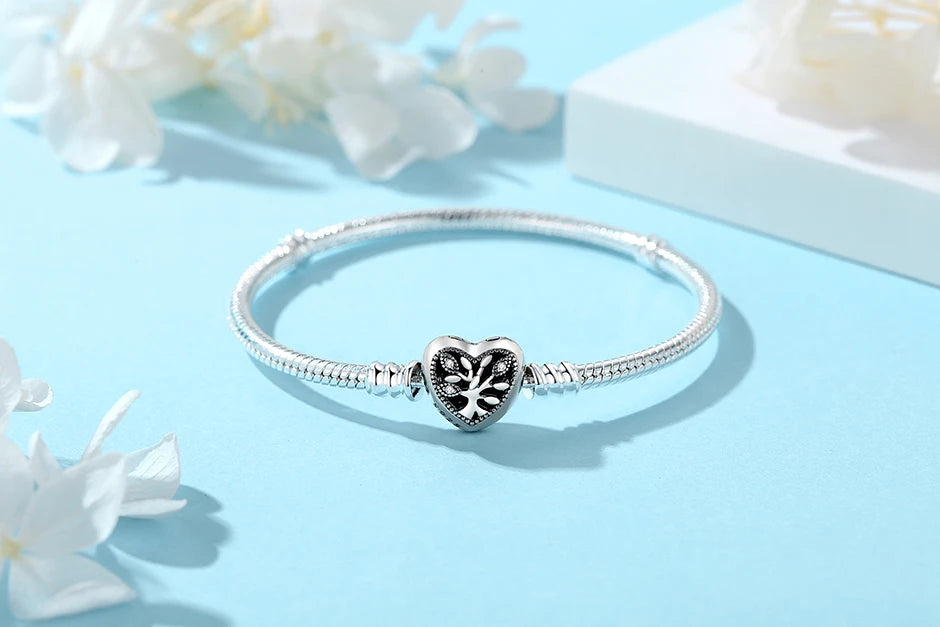 925 Sterling Silver Snake Chain Bracelet with Heart Charm Beads
