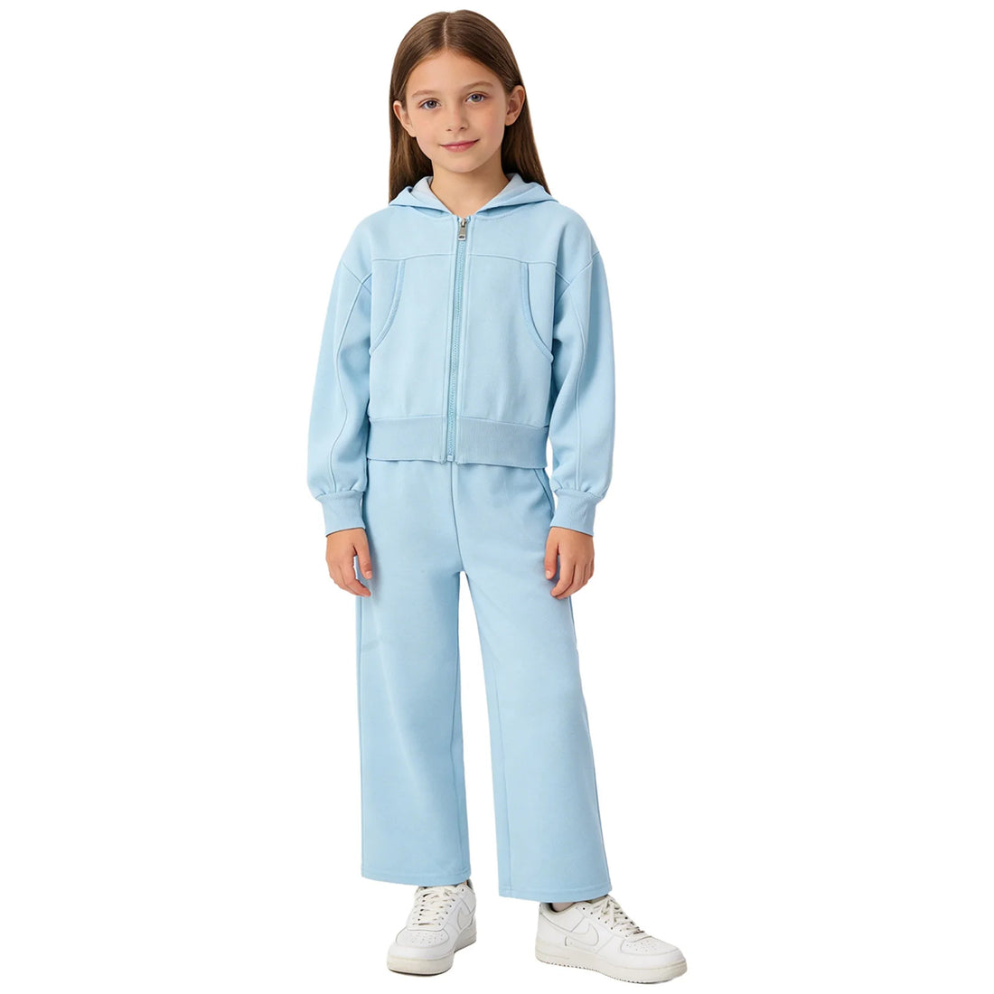 Girls Athletic Tracksuit Set - Hooded Jacket & Wide-Leg Pants for Sports & Active Wear (Ages 5-13)
