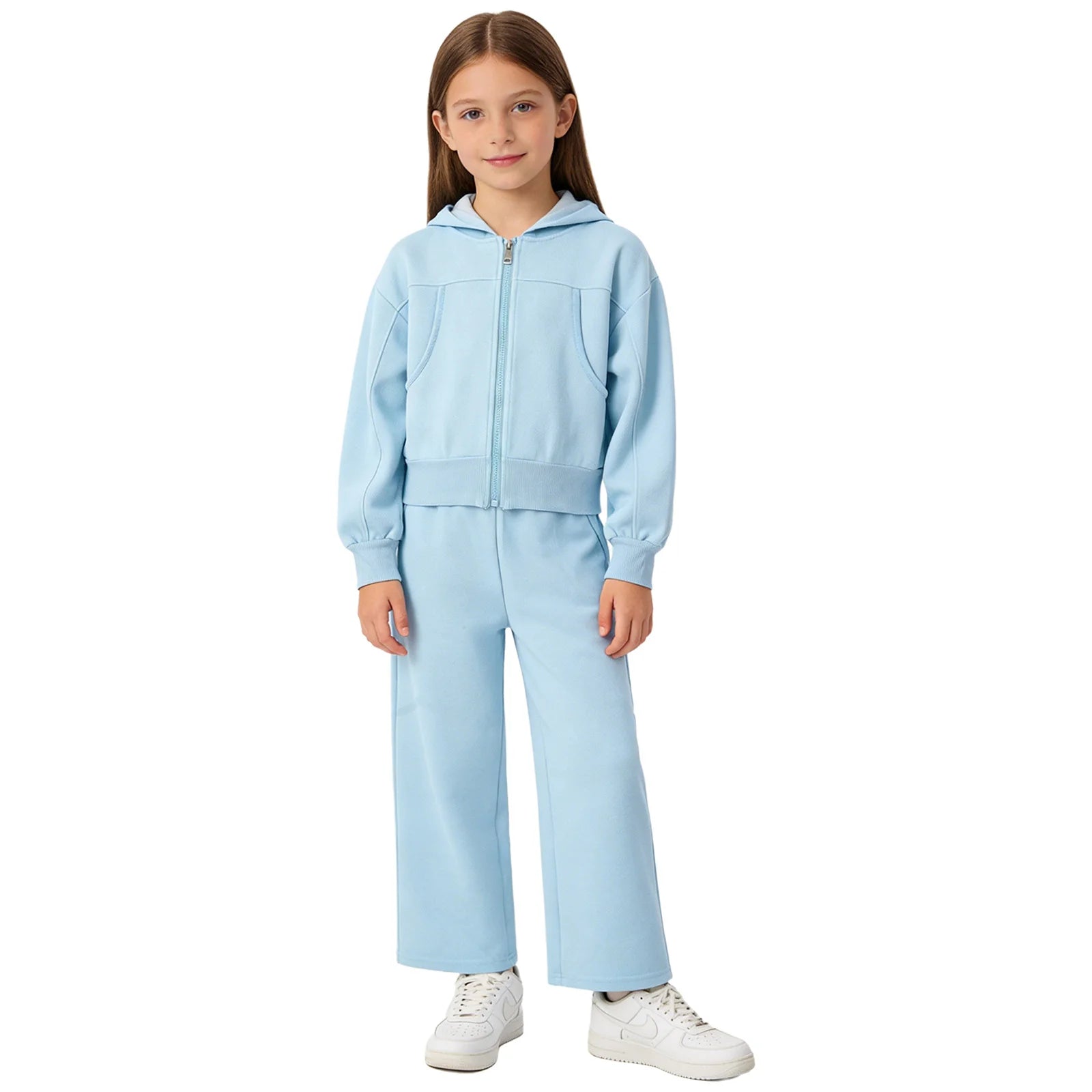 Girls Athletic Tracksuit Set - Hooded Jacket & Wide-Leg Pants for Sports & Active Wear (Ages 5-13)