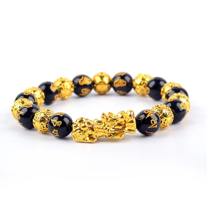 Pixiu Bracelet Feng Shui Wealth and Good Luck Bracelet Homme Wristband Gold Color Obisidian Stone Beads Black Six Character Gift