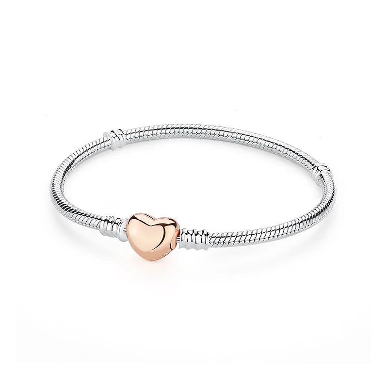 925 Sterling Silver Snake Chain Bracelet with Heart Charm Beads