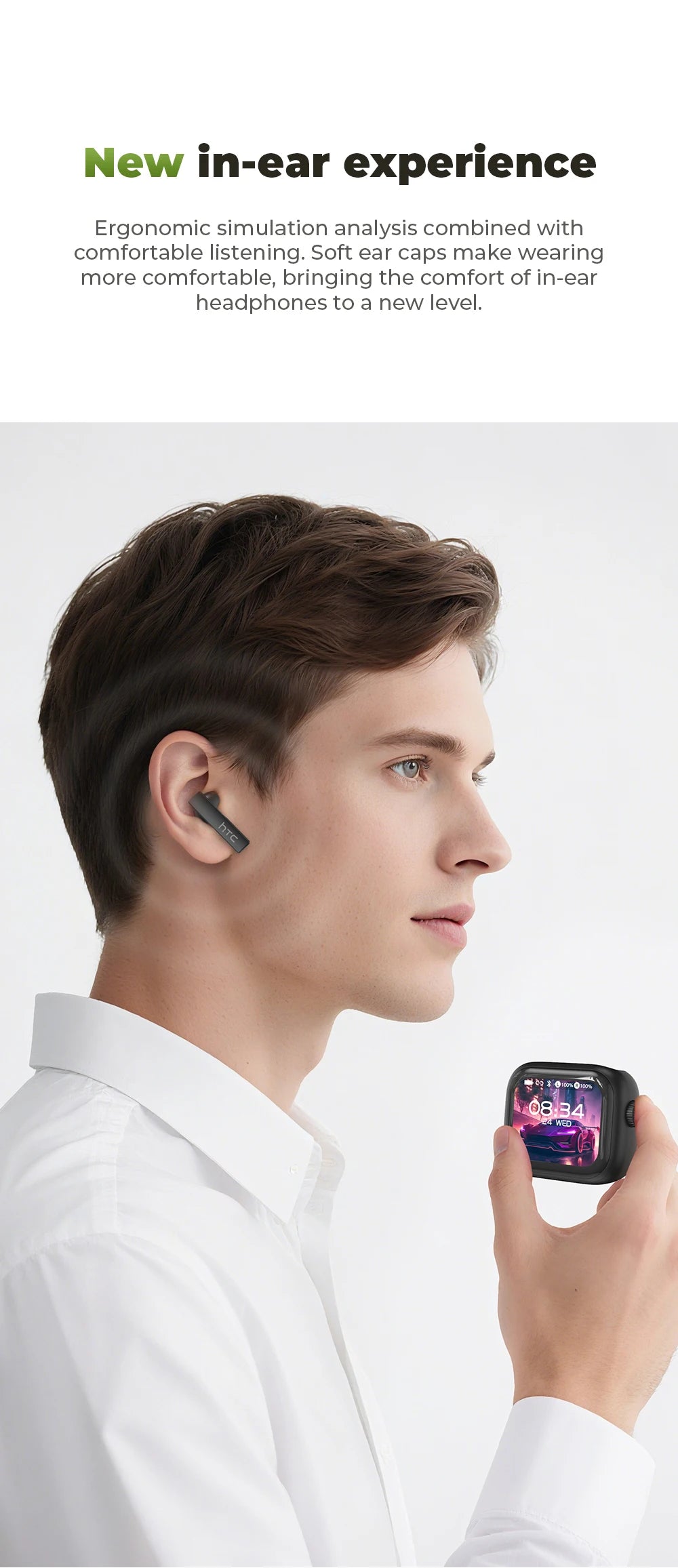 HTC Bluetooth Earphones with AI Translator & HD Subtitles - TWS Sports Wireless