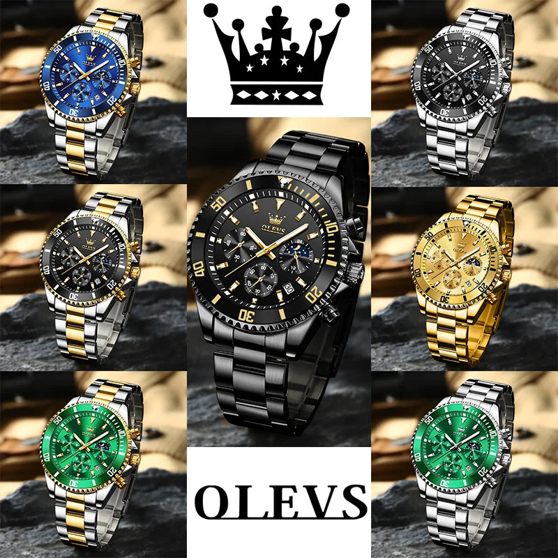 OLEVS 2870 Men's Luxury Watch – Chronograph Moon Phase Date Stainless Steel