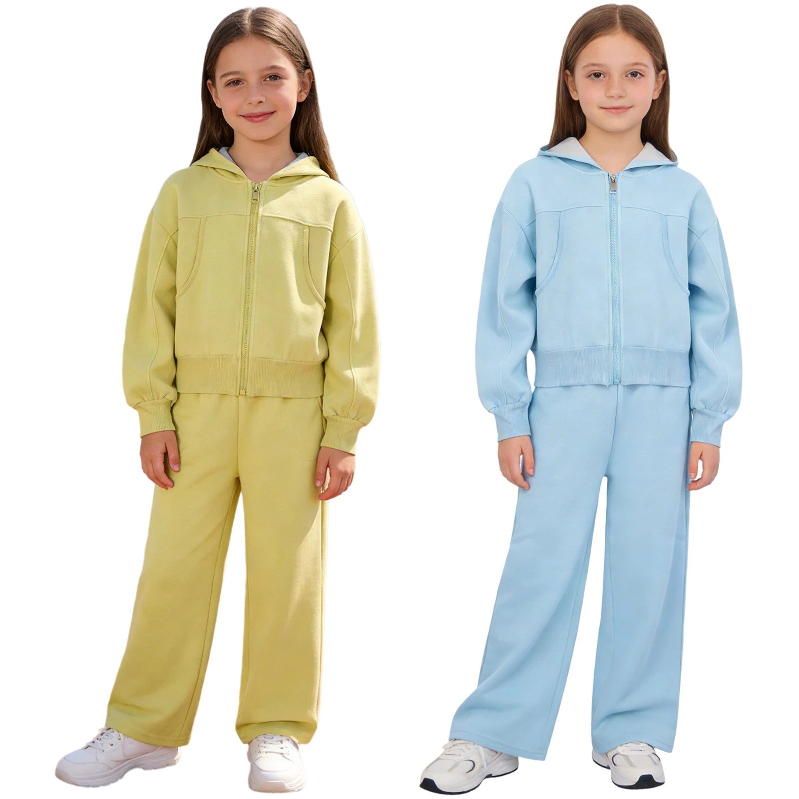 Girls Athletic Tracksuit Set - Hooded Jacket & Wide-Leg Pants for Sports & Active Wear (Ages 5-13)