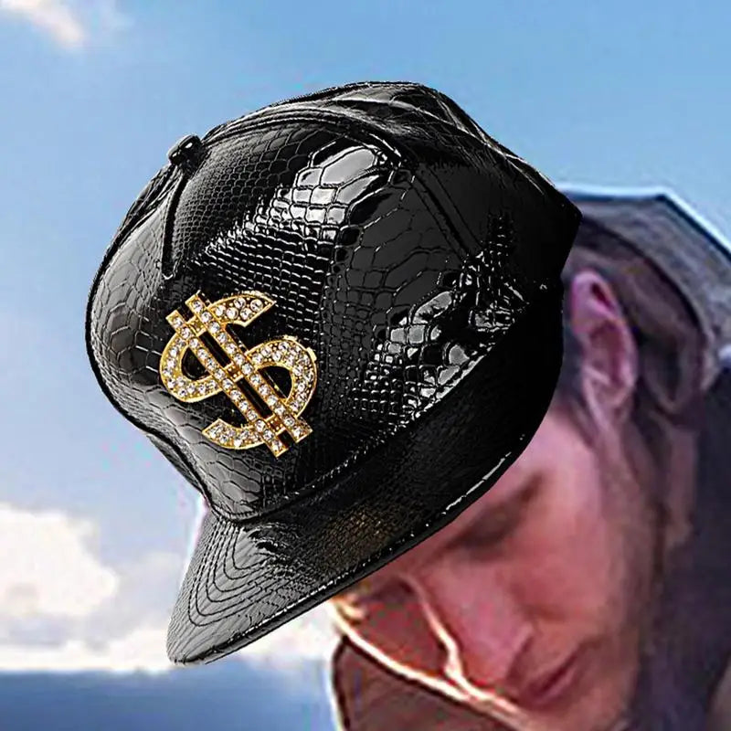 Gold Dollar Sign Hip-Hop Cap - Crocodile Texture Flat Brim Hat for Break Dance & Street Style