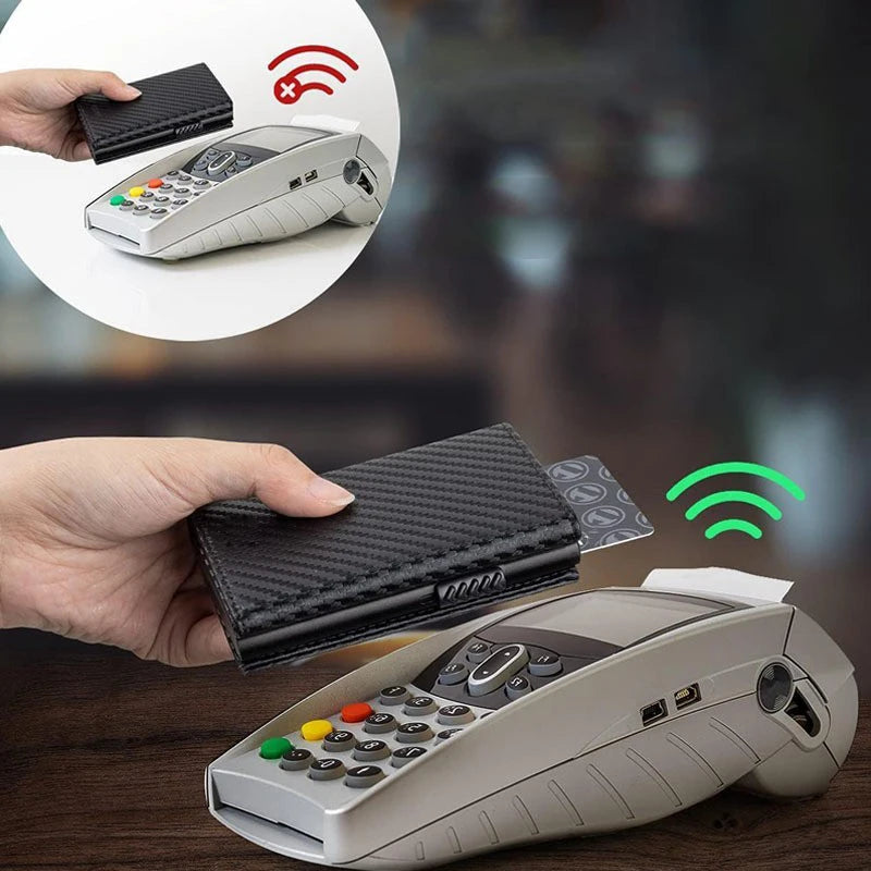 Carteira dobrável em fibra de carbono com proteção RFID – Porta-cartões pop-up