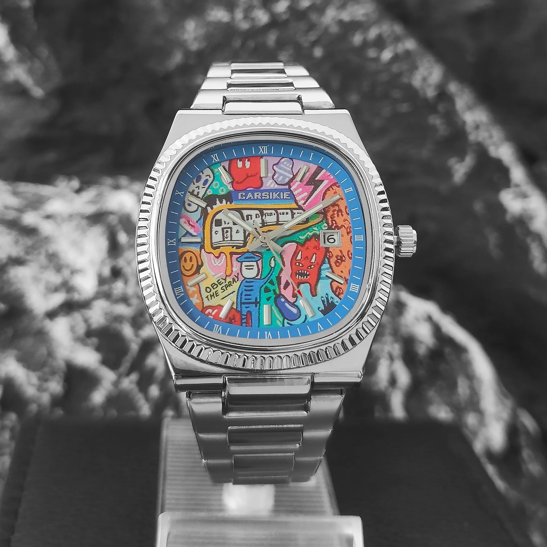 Cartoon Oil Painting Quartz Men's Watch – Casual Steel Strap Personalized Business Timepiece
