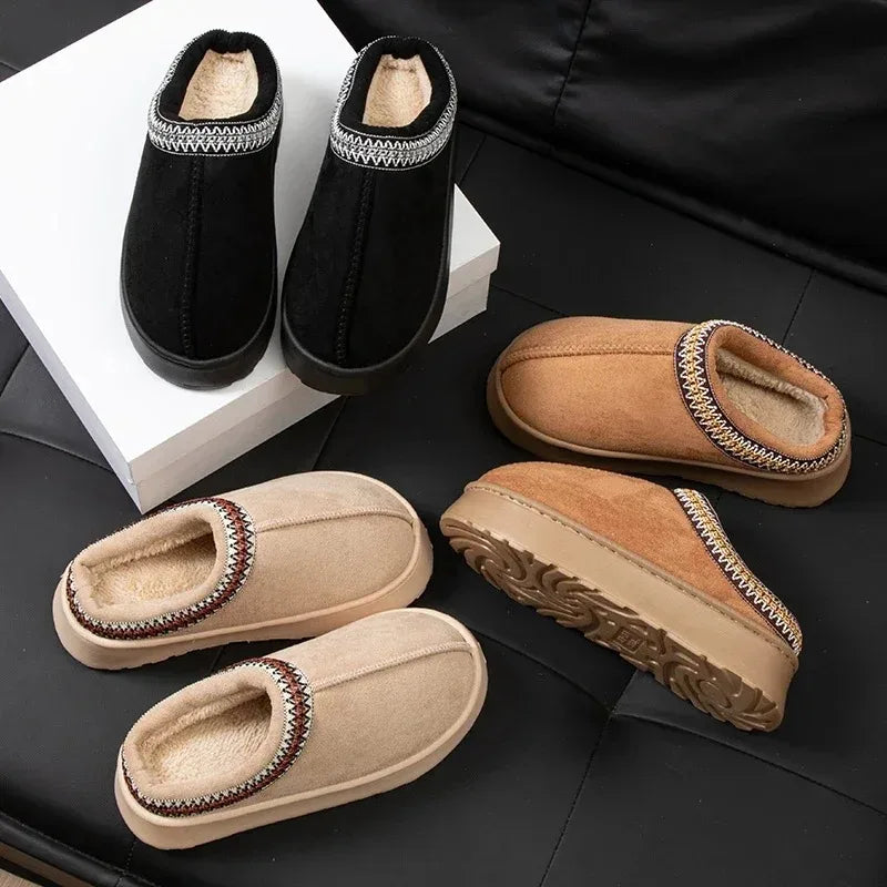 Women's Winter Slippers - Embroidered Plush Anti-Slip Indoor House Shoes with Thick Sole