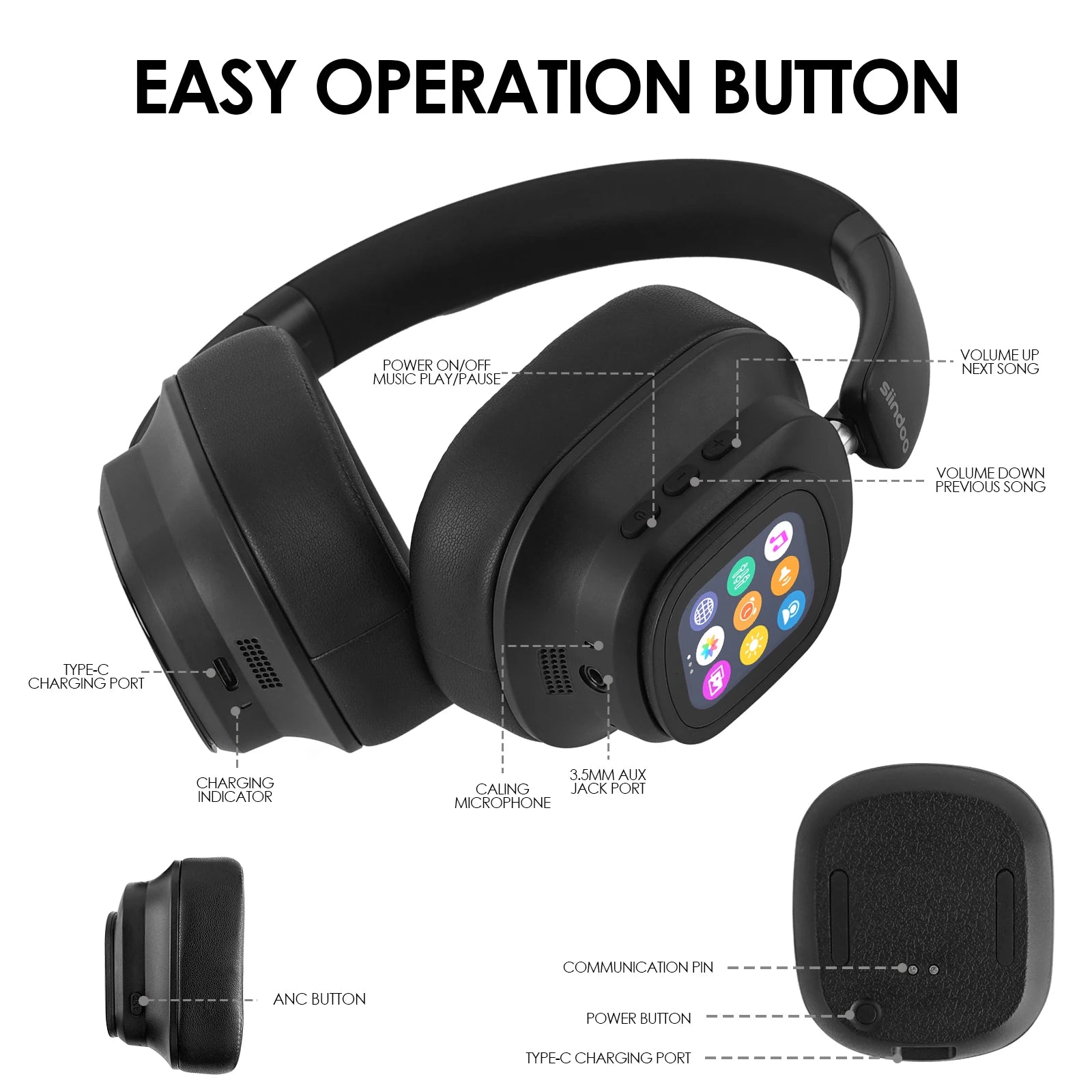 Hybrid ANC Headphones with AI Translator & LED Touch Screen - Wireless Premium Audio