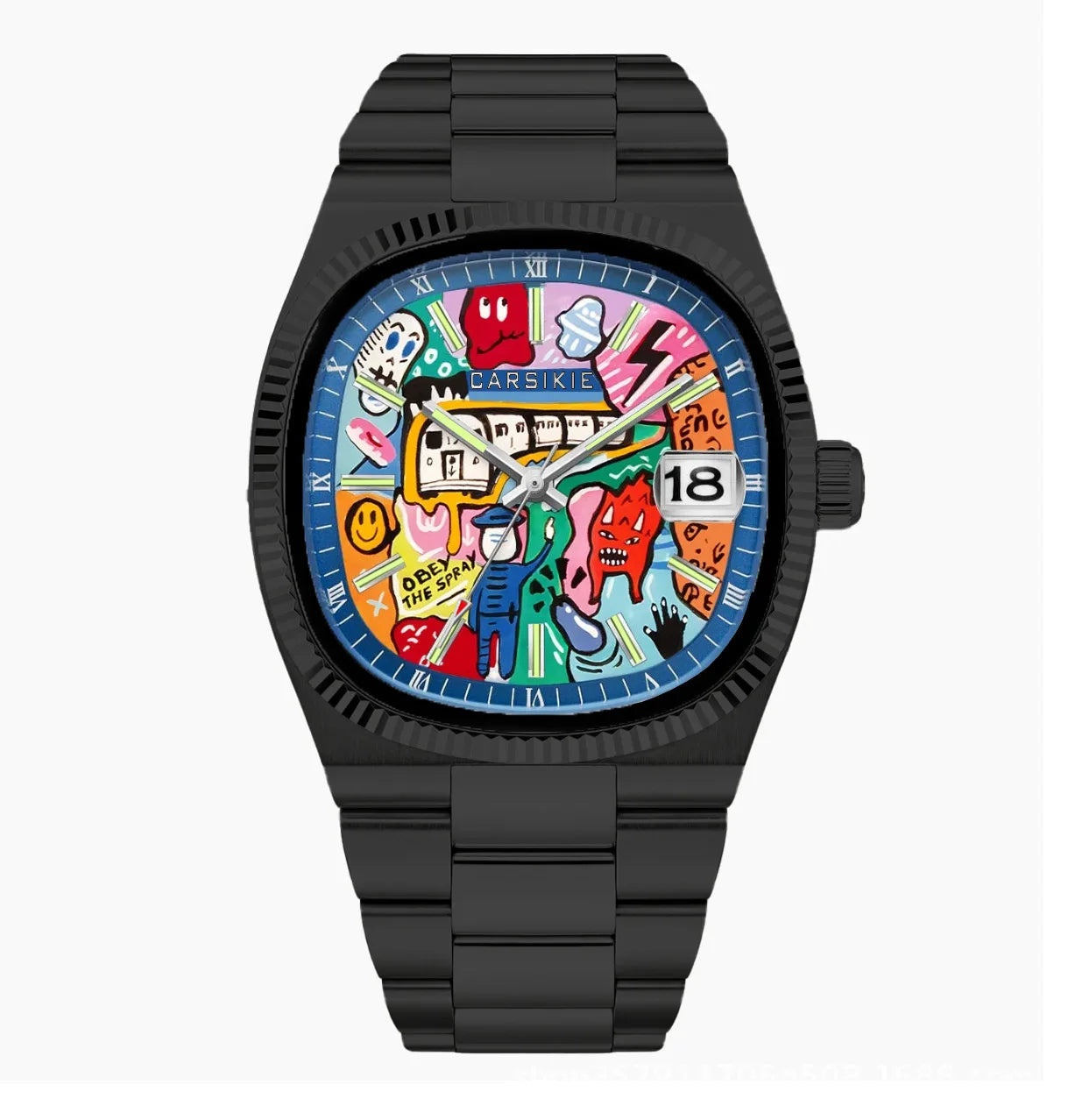 Cartoon Oil Painting Quartz Men's Watch – Casual Steel Strap Personalized Business Timepiece