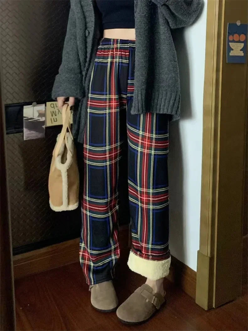 Warm Plush Plaid Pants – Women Winter Wide-Leg Casual