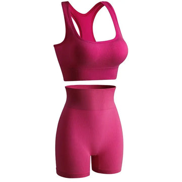 Women's 2-Piece Breathable Ribbed Workout Set - Sports Bra & High Waist Shorts (Summer Active Set)