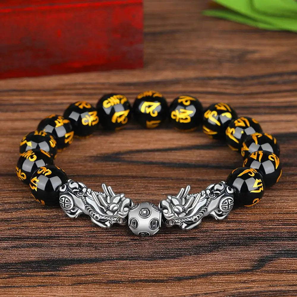 Fashion Jewelry Unisex Pixiu Attract Wealth Feng Shui Men Bracelets Obsidian Stone Beads Wristband Good Luck Bangle