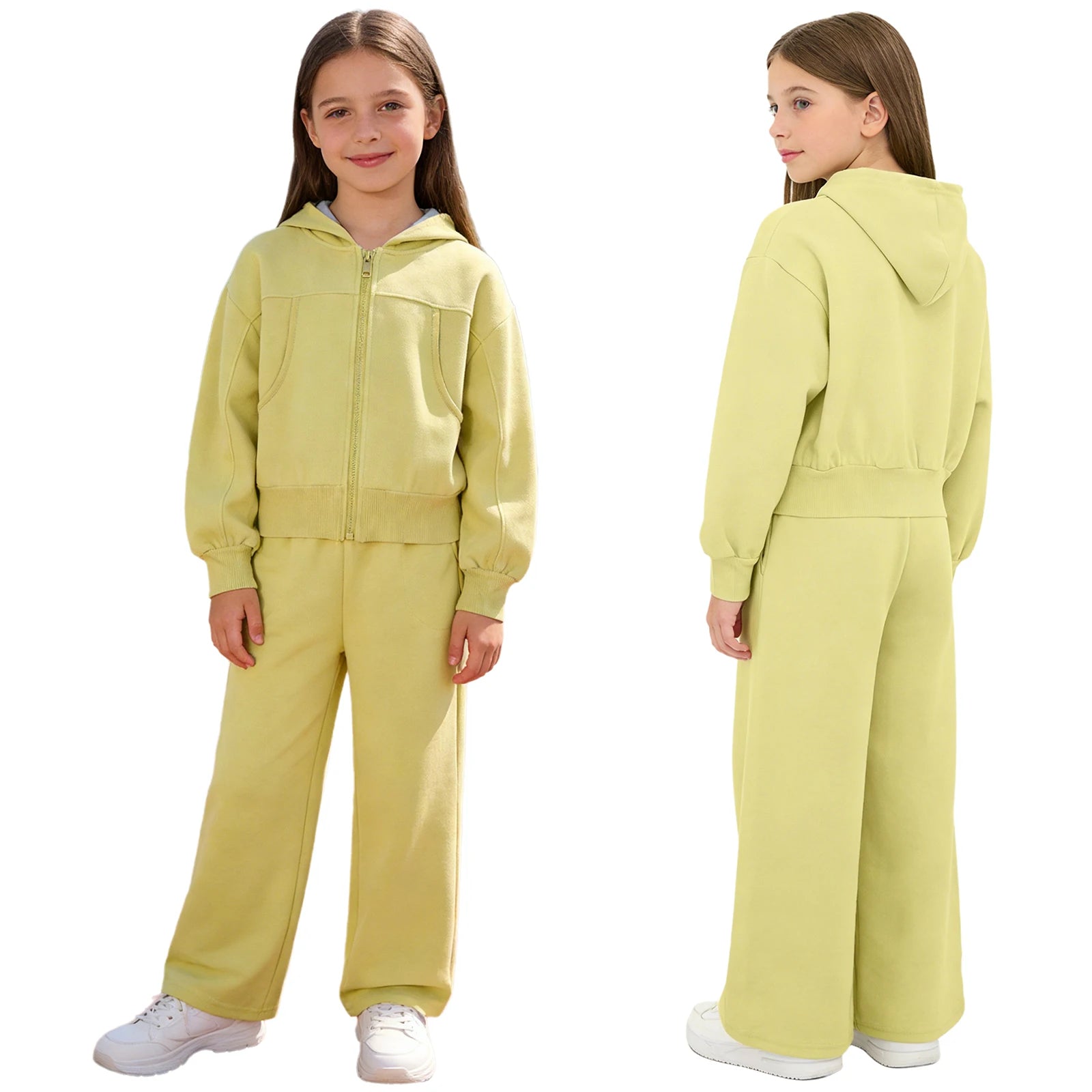 Girls Athletic Tracksuit Set - Hooded Jacket & Wide-Leg Pants for Sports & Active Wear (Ages 5-13)