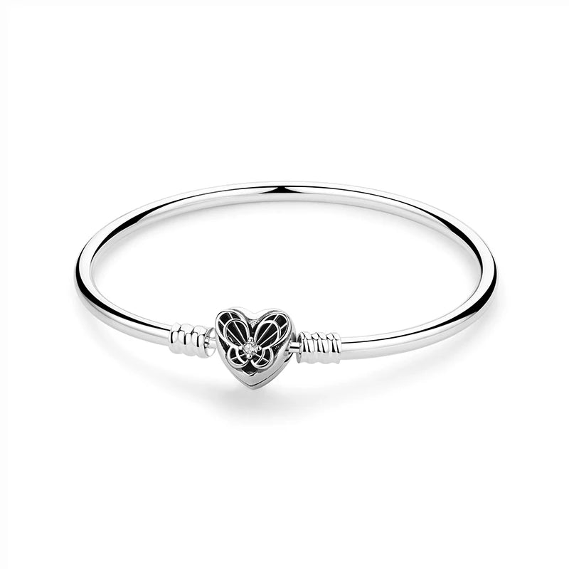 925 Sterling Silver Snake Chain Bracelet with Heart Charm Beads