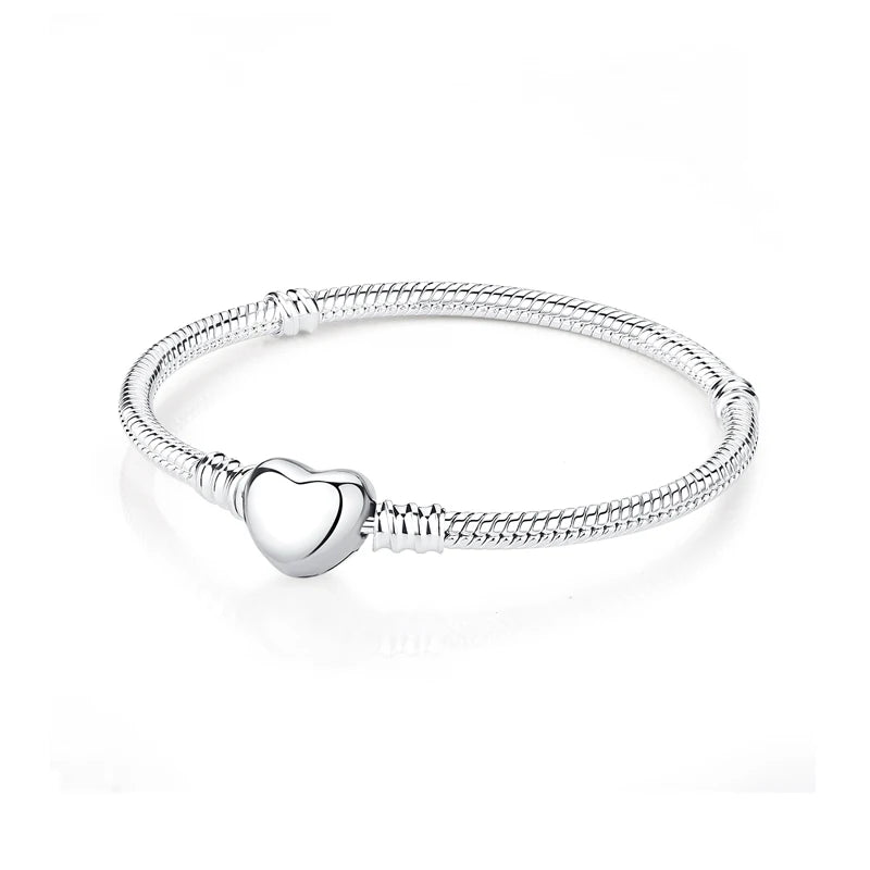 925 Sterling Silver Snake Chain Bracelet with Heart Charm Beads
