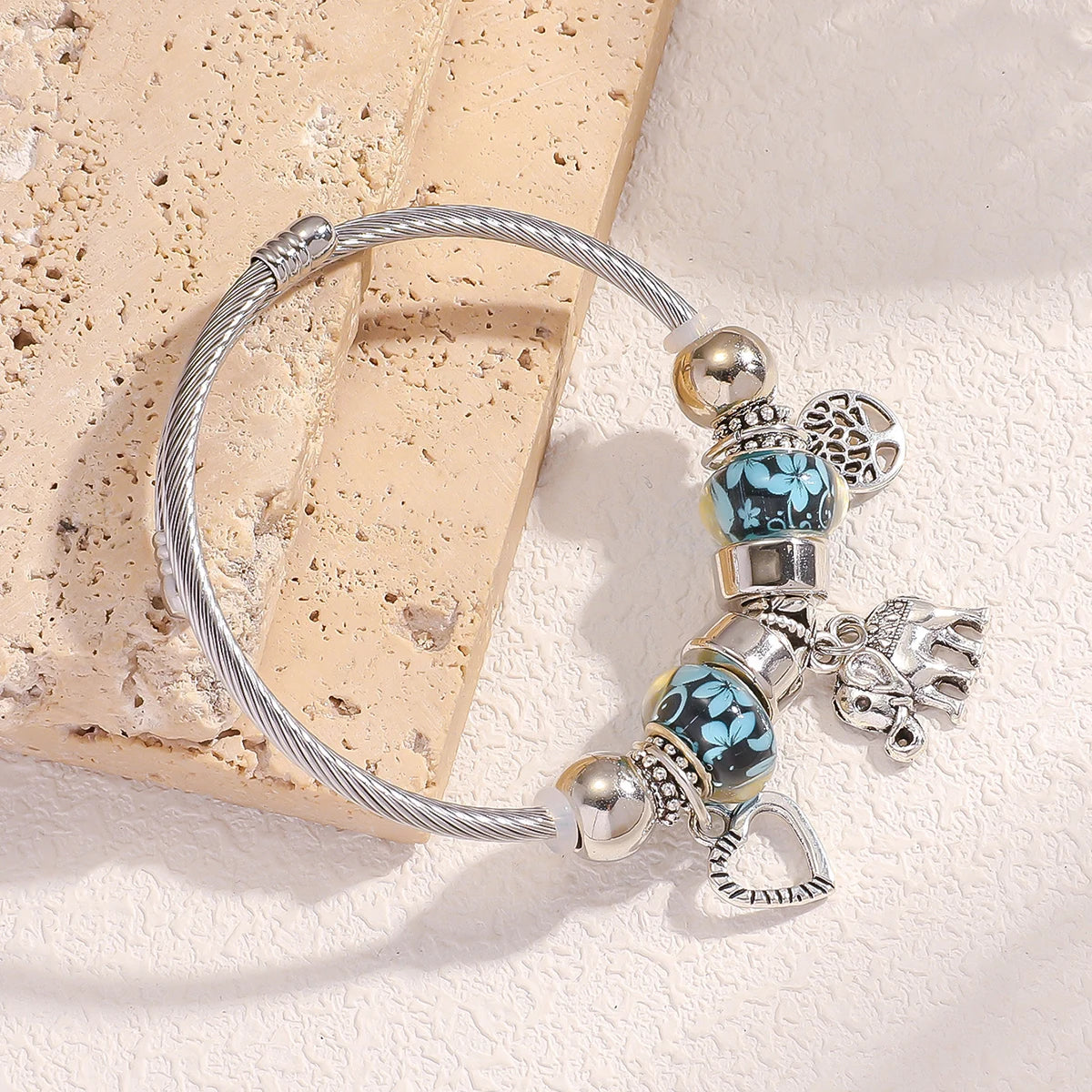 Elephant & Tree of Life Charm Bracelet - Multi-Charm Cuff Bracelet