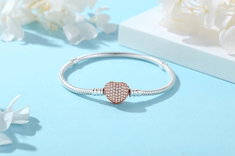 925 Sterling Silver Snake Chain Bracelet with Heart Charm Beads