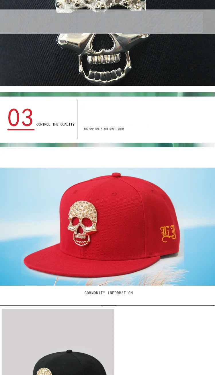 Skull Rivet Flat Brim Cap - Hip-Hop Snapback Baseball Hat for Street Dance & Urban Style