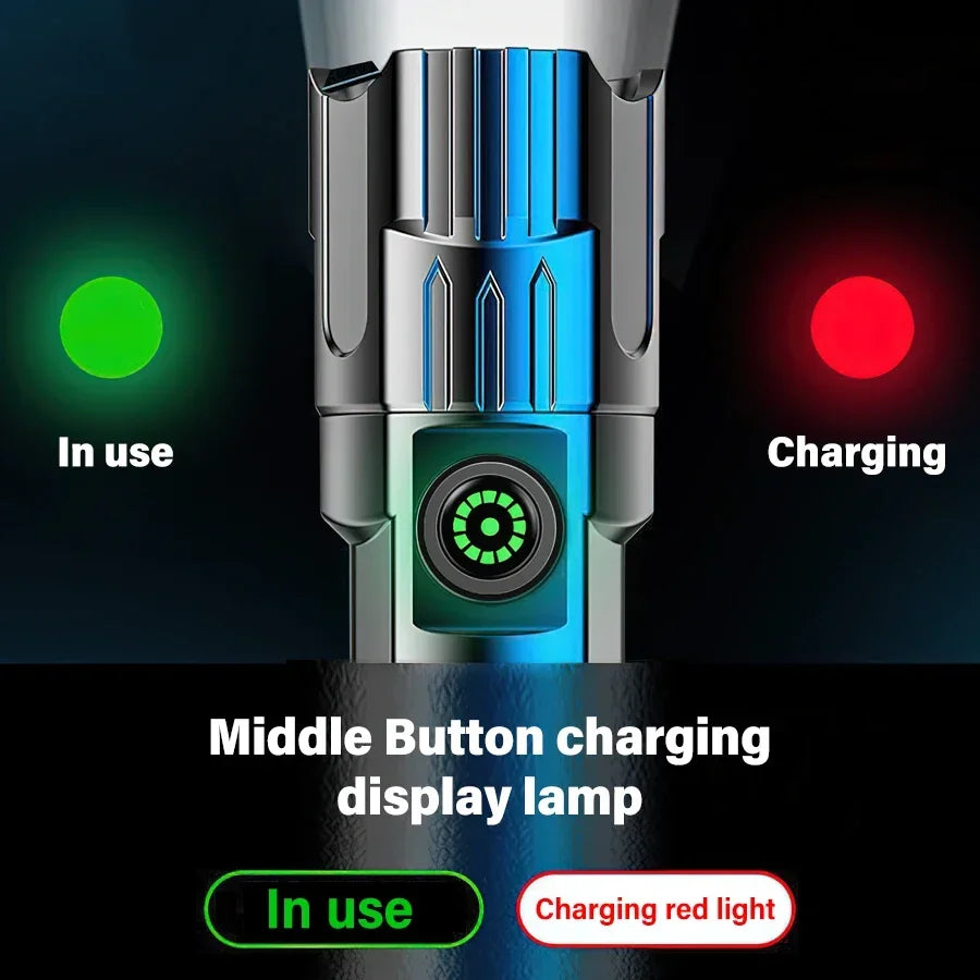 2000 Lumen LED Flashlight with Power Display - USB Rechargeable Tactical Torch with Zoom