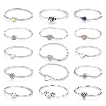 925 Sterling Silver Snake Chain Bracelet with Heart Charm Beads