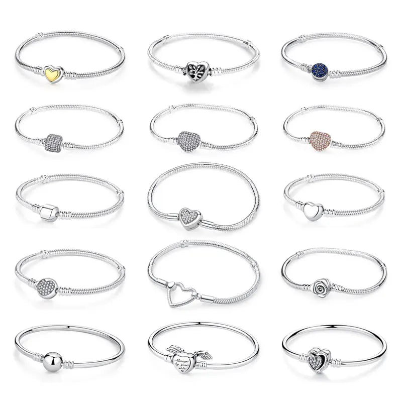 925 Sterling Silver Snake Chain Bracelet with Heart Charm Beads