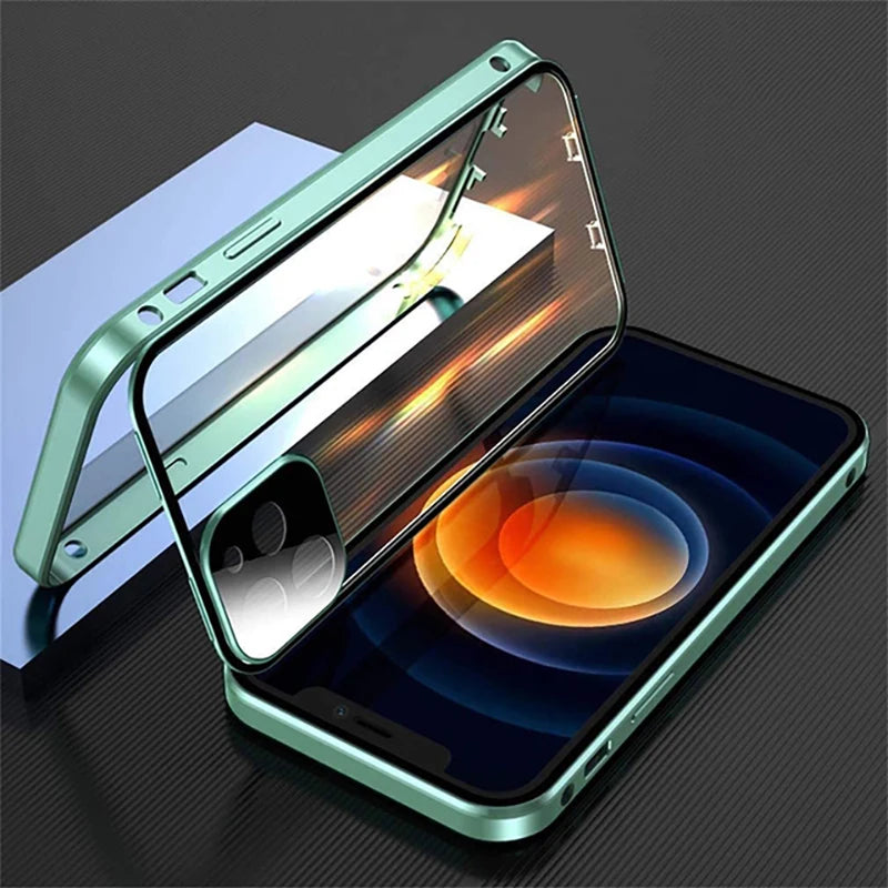 360° Metal Magnetic Glass Phone Case – Snap Lock Bumper for iPhone 16/15/14/13/12 Pro Max
