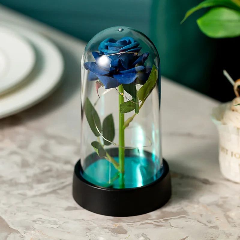LED Eternal Rose in Glass Dome - Gold Foil Flower for Valentine's & Mother's Day