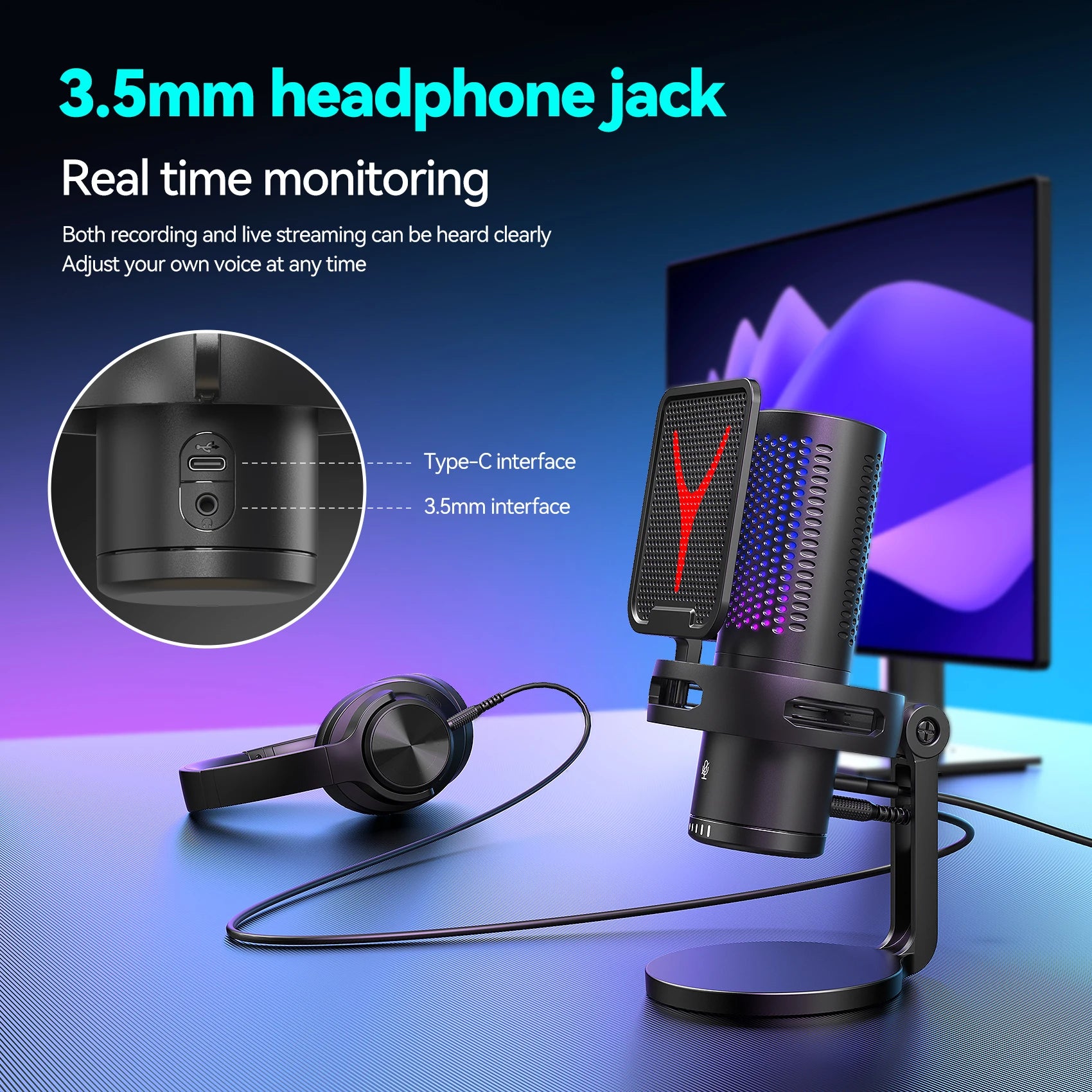 Gaming Microphone - RGB USB Condenser Mic for PC Streaming & Podcasting