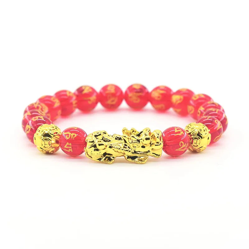 Pixiu Bracelet Feng Shui Wealth and Good Luck Bracelet Homme Wristband Gold Color Obisidian Stone Beads Black Six Character Gift