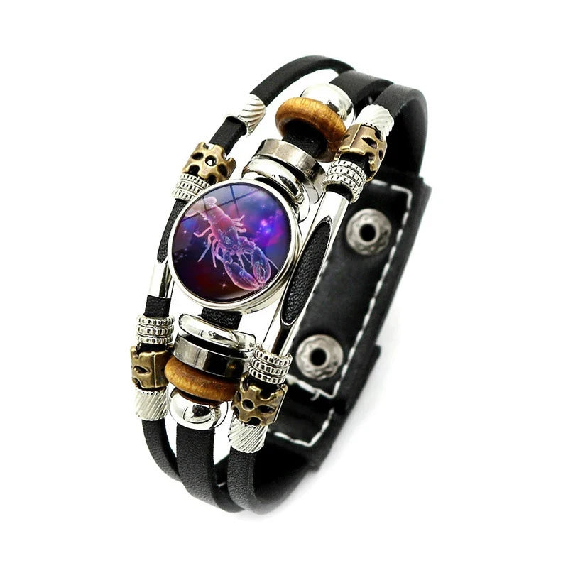 Zodiac Constellation Bracelet – 12 Signs Leather Snap Button Bracelet for Men & Women