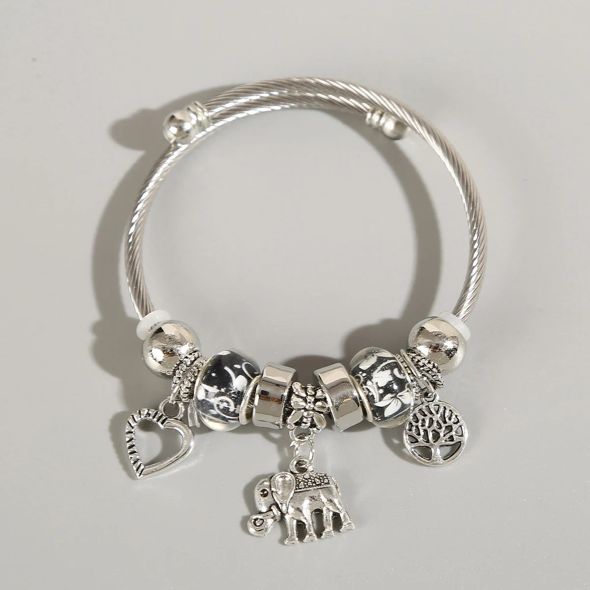 Elephant & Tree of Life Charm Bracelet - Multi-Charm Cuff Bracelet