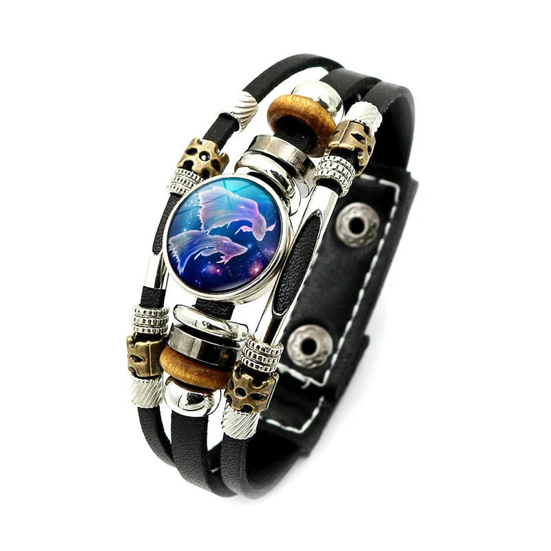 Zodiac Constellation Bracelet – 12 Signs Leather Snap Button Bracelet for Men & Women