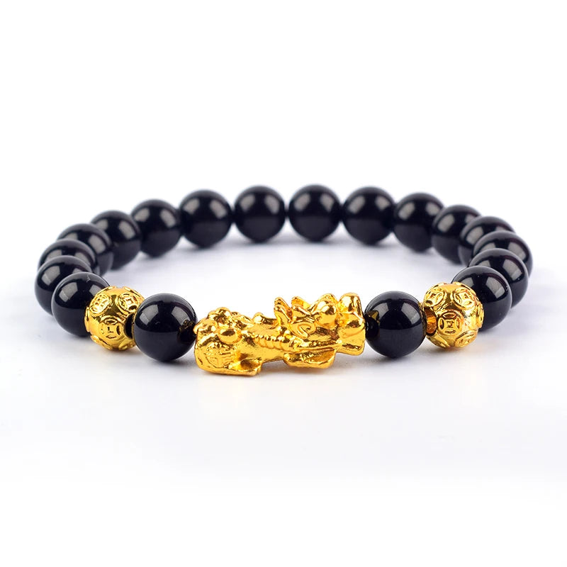 Pixiu Bracelet Feng Shui Wealth and Good Luck Bracelet Homme Wristband Gold Color Obisidian Stone Beads Black Six Character Gift