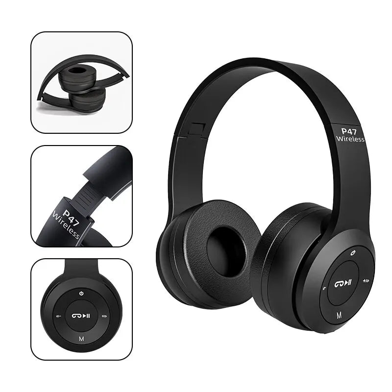 P47 Wireless Bluetooth Headphones - Foldable Over-Ear Headset with HiFi Stereo Bass