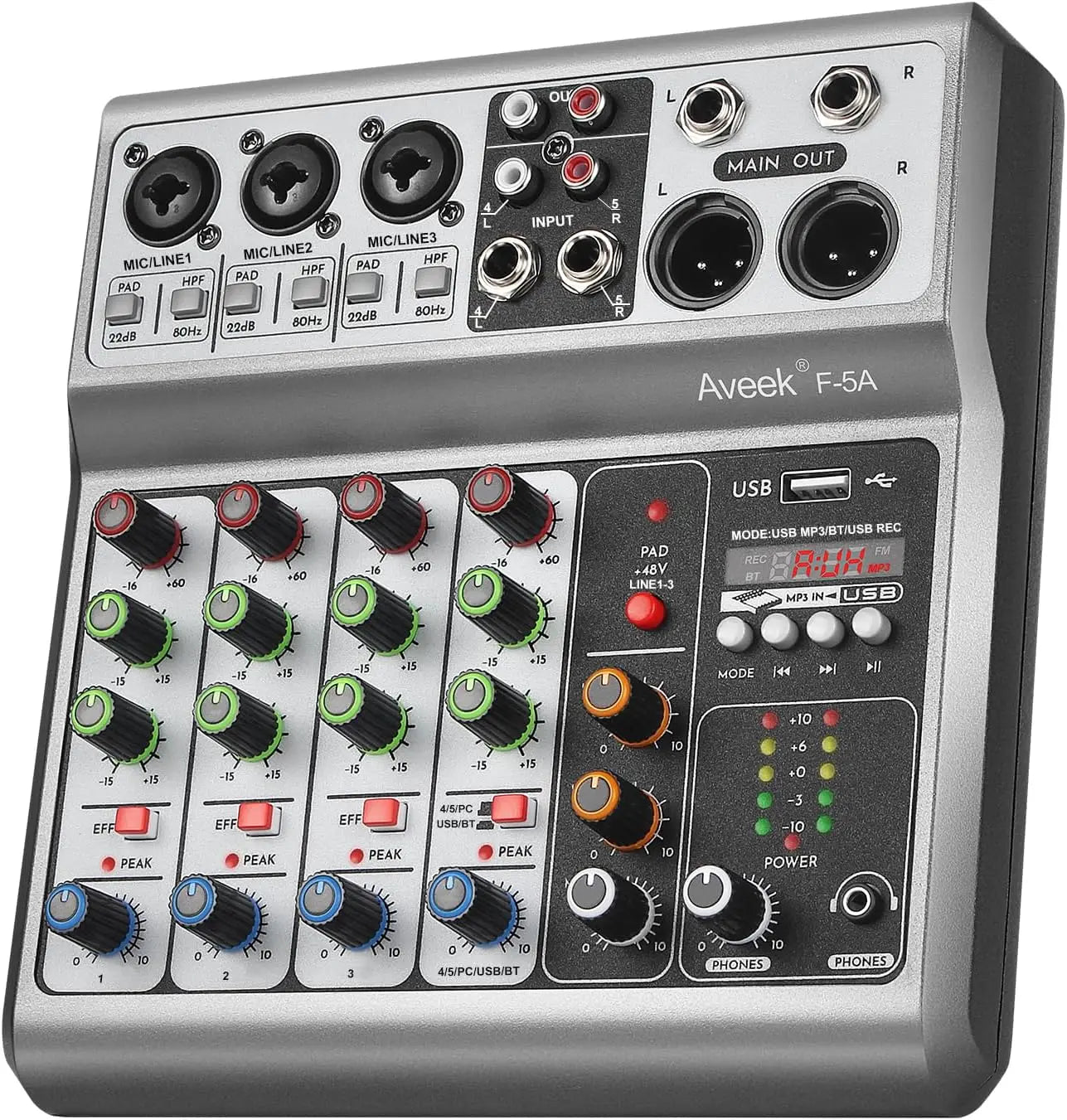 5-Channel Audio Mixer - Professional Sound Board with USB, Bluetooth, Echo & 48V Phantom Power