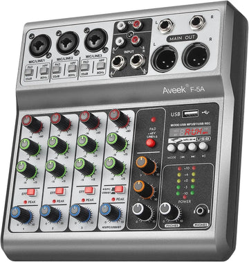 5-Channel Audio Mixer - Professional Sound Board with USB, Bluetooth, Echo & 48V Phantom Power
