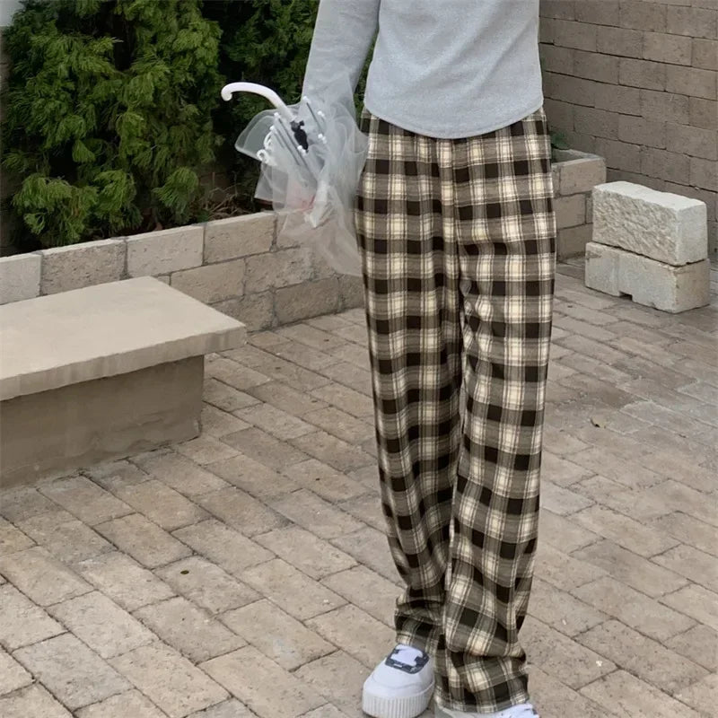 Warm Plush Plaid Pants – Women Winter Wide-Leg Casual