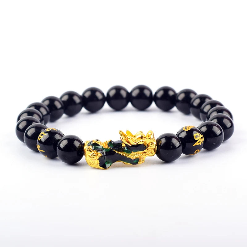 Pixiu Bracelet Feng Shui Wealth and Good Luck Bracelet Homme Wristband Gold Color Obisidian Stone Beads Black Six Character Gift