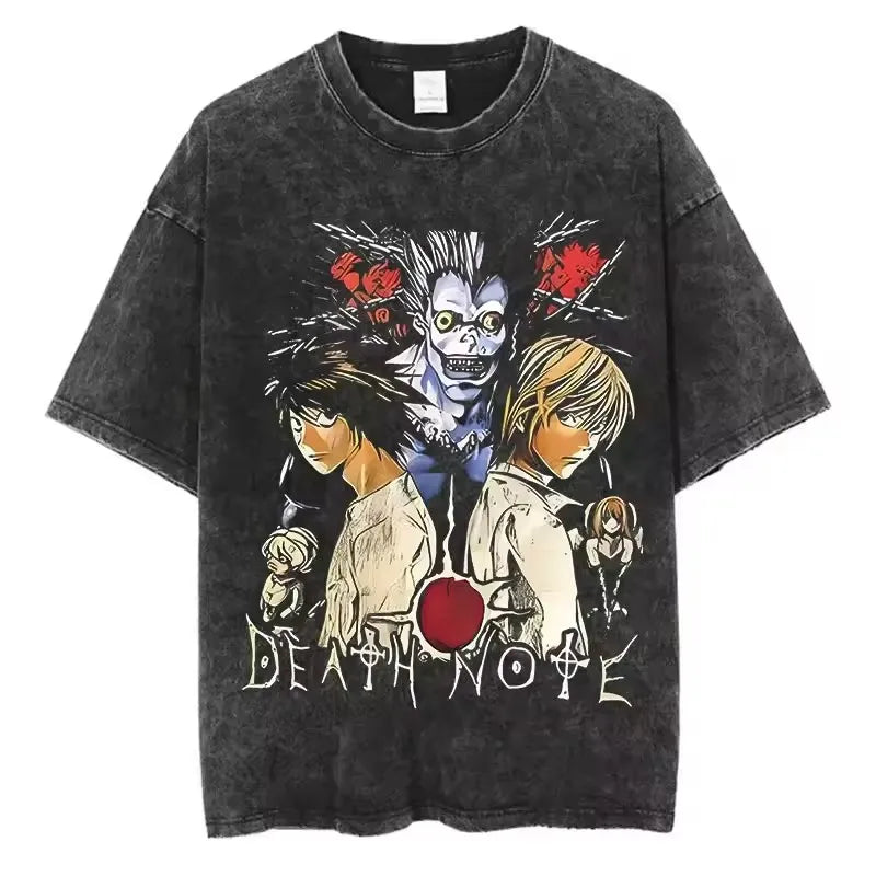 Death Note Anime Washed Y2K T-Shirt – Short Sleeve Round Neck Mens Tee